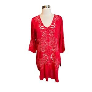 Johnny Was Tunic Top Small Red Eyelet Embroidered V Neck